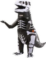 KIMU® Opblaas Kostuum T-Rex Zwart Wit Skelet Opblaasbaar Pak, Carnaval, Nieuw, Overige maten, Ophalen of Verzenden