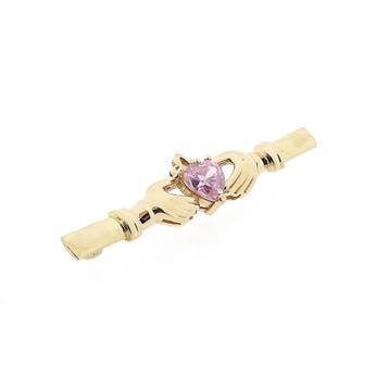 Gouden Claddagh broche met roze zirconia, Sieraden, Tassen en Uiterlijk, Gebruikt, Ophalen of Verzenden, Roze, Met edelsteen