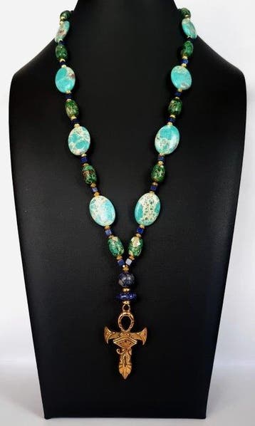 Chrysocolle, Turkoois & Lapis-lazuli – Hanger - Ankh-kruis