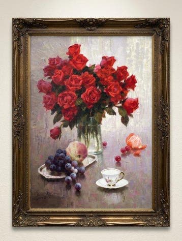 Xu Yanchun - Still Life with Red Roses and Fruit