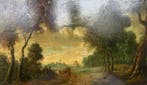 Escuela flamenca (XIX) - Paisaje con camino, carruaje y, Antiek en Kunst