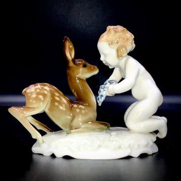 Karl Tutter - Hutschenreuther - Child Feeding Deer - ca