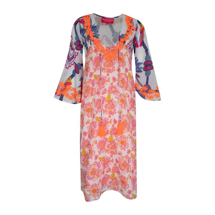 Place du Soleil • fleurige midi jurk • XS, Kleding | Dames, Jurken, Roze, Nieuw, Maat 34 (XS) of kleiner, Verzenden