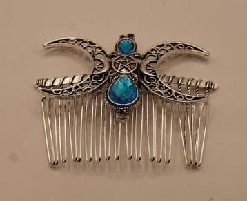 Haarkam-zijkam zilverkleurig 2 manen met blauw stenen, Verzenden, Nieuw, Haarspeld