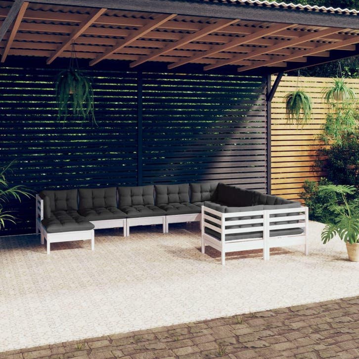 vidaXL 10-delige Loungeset met kussens grenenhout wit, Tuin en Terras, Tuinsets en Loungesets, Loungeset, Nieuw, Verzenden