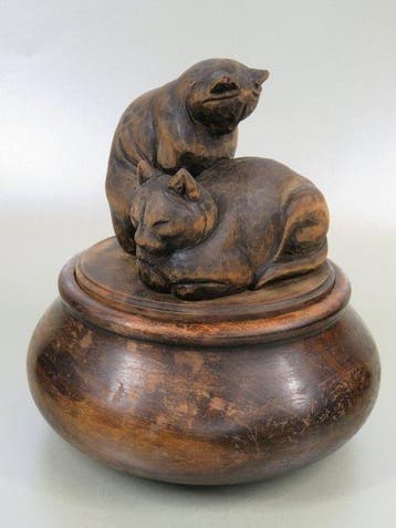 Beeldje - Deksel pot met twee katten/poezen - Hout