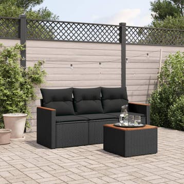 vidaXL 4-delige Loungeset met kussens poly rattan zwart, Verzenden, Nieuw, Loungeset
