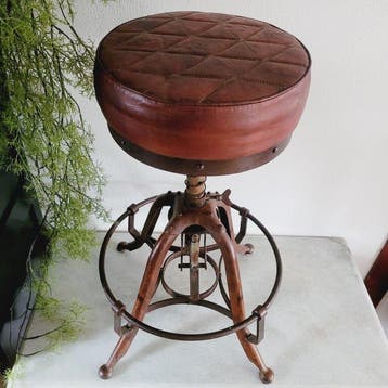 Verstelbare Kruk - Kruk - Vintage - Leder, Metaal -