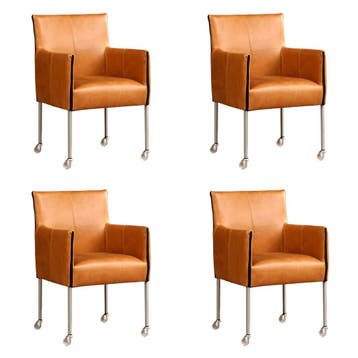 Set van 4 Leren eetkamerstoelen More - Vintage Cognac, Ophalen of Verzenden, Nieuw, Leer, Vijf, Zes of meer stoelen