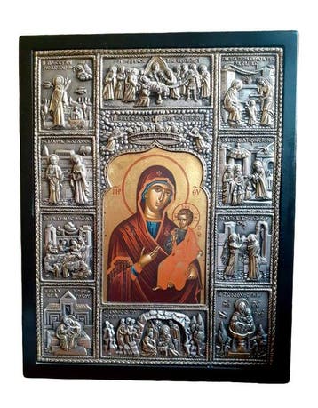 Icoon - Moeder Gods - Hout, Zilver - 34 × 42 cm, Antiek en Kunst