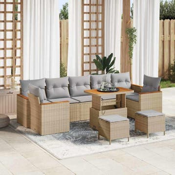vidaXL Tuin Sofa Set met kussen 10 pcs Beige Poly riet, Verzenden, Nieuw, Rotan, Meer dan 8 zitplaatsen