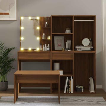 vidaXL Kaptafelset met LED-verlichting bewerkt hout bruin, Huis en Inrichting, Verzenden, Nieuw