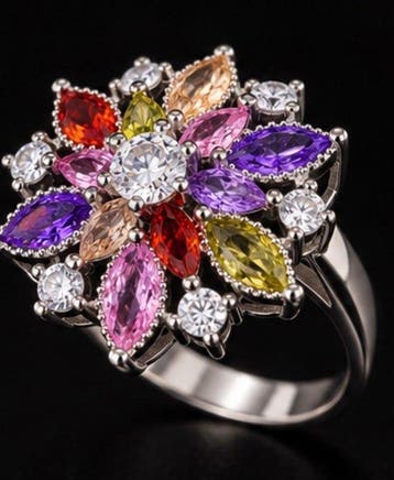 925 Sterling Zilveren Franse Multicolor Bloemenring:, Nieuw