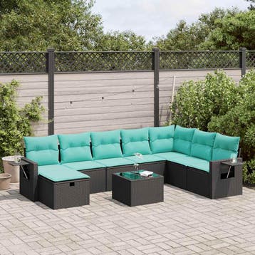 vidaXL 9-delige Loungeset met kussens poly rattan zwart, Verzenden, Nieuw, 8 zitplaatsen, Loungeset