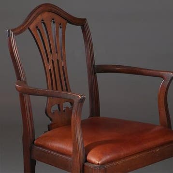 Stel van 2 armstoelen bureaustoelen met bruin leer ca 1900 G, Ophalen of Verzenden