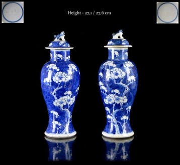 Een spiegelpaar van grote Chinese blauw-witte vazen, Prunus