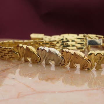 Tricolor gouden armband met olifanten (Schakelarmband), Sieraden, Tassen en Uiterlijk, Armbanden, Ophalen of Verzenden, Gebruikt