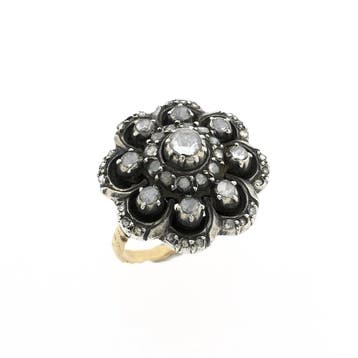 Bicolor gouden Victoriaanse ring met roos geslepen diaman..., 18 tot 19, Gebruikt, Ophalen of Verzenden, Met edelsteen