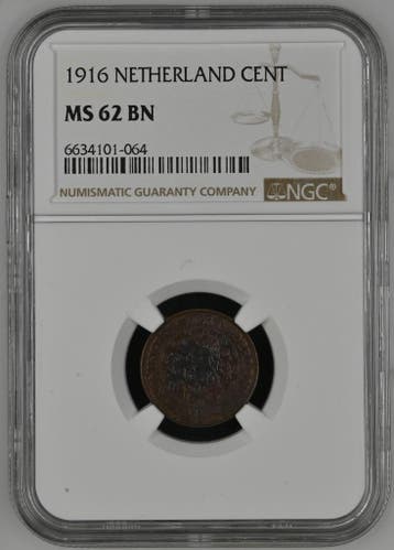 Koningin Wilhelmina 1 cent 1916 MS62 Brown NGC, Verzenden, Koningin Wilhelmina, 1 cent, Losse munt