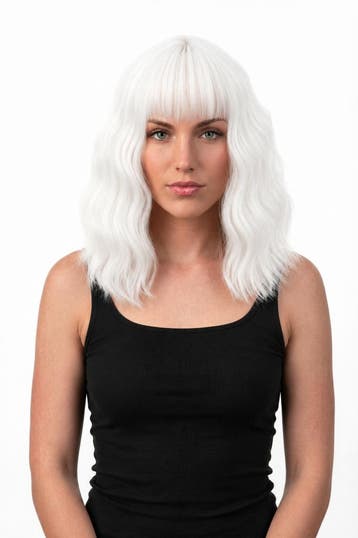 KIMU® Luxe Wit Pruik Schouderlengte Rechte Pony Krullen Oude, Ophalen of Verzenden, Nieuw, Carnaval