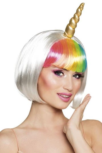 KIMU® Witte Pruik Kort Bob Regenboog Pony Eenhoorn Gouden Ho, Ophalen of Verzenden, Nieuw, Carnaval