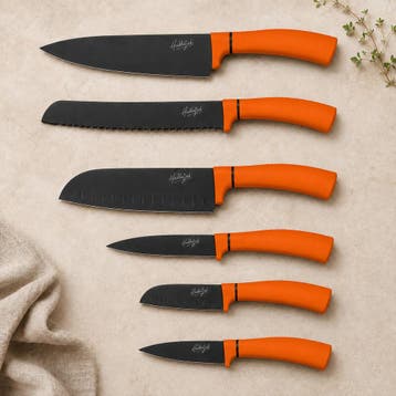 Nieuwe 6-delige set keukenmessen oranje (doos lichte schade), Verzenden, Nieuw, Rvs of Chroom