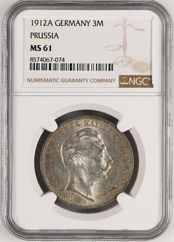 Duitsland, Pruisen Wilhelm II. 3 Mark 1912 - NGC MS61, Postzegels en Munten
