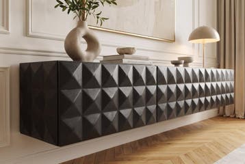 TV-Board VULCANO 160cm 3D hangend met kabelgat mangohout, Huis en Inrichting, Kasten | Televisiemeubels, Ophalen of Verzenden