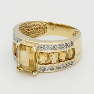 Ring - 14 karaat Geel goud - Diamant - Citrien, Nieuw