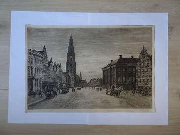 Ets zicht markt en Martinikerk te Groningen Dingemans 1920, Stadsgezicht, Origineel, 1900 - 1949, Verzenden