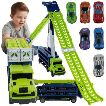 Ruhhy Speelgoed truck met racebaan en 6 auto’s – grote v, Ophalen of Verzenden, Nieuw