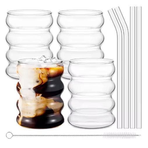 Set van 4 Geribbelde Glazen Drinkglazen met Rietjes – Vintag, Witgoed en Apparatuur, Koelkasten en IJskasten, Nieuw, Verzenden