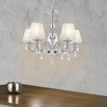 Kroonluchter 5-armig Isabelle met kristallen chroom wit 5xE1, Verzenden, Nieuw