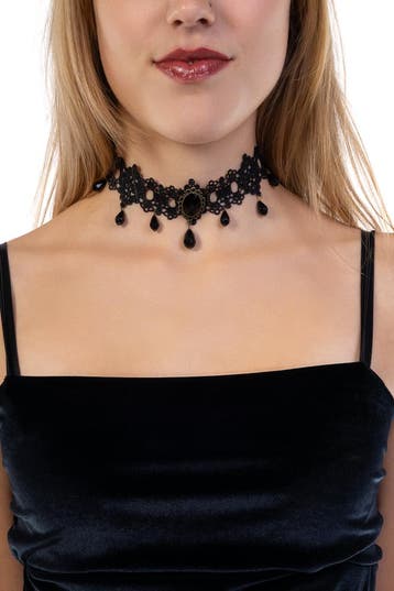KIMU® Choker Ketting Zwart Kant Kraaltjes Steen Kanten Zwart, Kunststof, Verstelbaar, Zwart, Nieuw