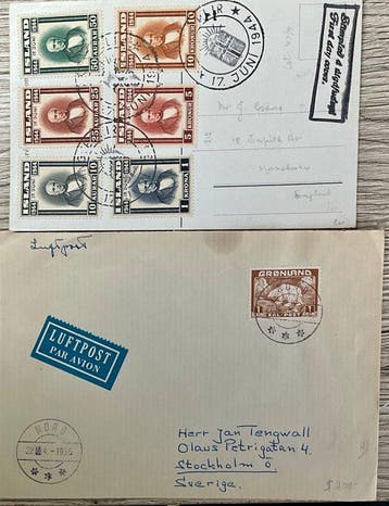 Groenland 1944/1956 - Ansichtkaart uit IJsland en enveloppen, Gestempeld