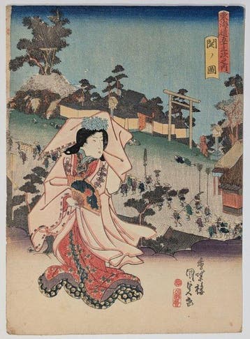 Kunisada • Uitzicht op Seki • Bijin Tkaid • Japanse, Antiek en Kunst