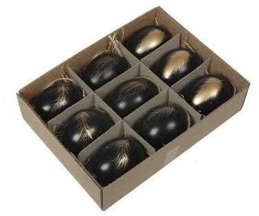Kippeneieren Zwart met gouden veren opdruk 6 cm doos 9 stuks, Huis en Inrichting, Woonaccessoires | Kunstplanten en Kunstbloemen