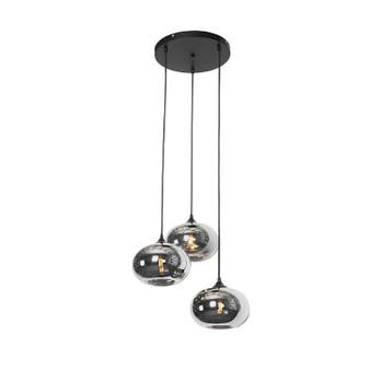 Art Deco hanglamp zwart met smoke glas rond 3-lichts- Busa, Verzenden, Nieuw, Glas, Art Deco