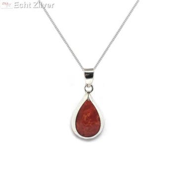 Zilveren ketting met zilveren druppel hanger koraal rood, Verzenden, Nieuw, Zilver