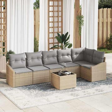 vidaXL Tuinbankenset met kussen 7 pcs Beige en Licht Grijs, Verzenden, Nieuw, Rotan, 7 zitplaatsen