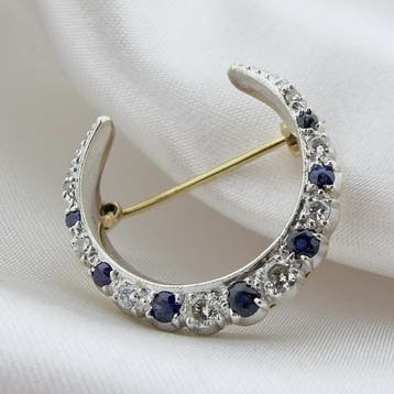 9 karaat broche met saffier en diamant; 0,34 ct., Gebruikt, Overige kleuren, Ophalen of Verzenden, Met edelsteen