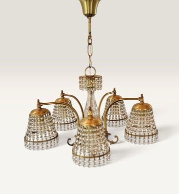 Plafondlamp - goudkleurig metaal, kristal, Antiek en Kunst