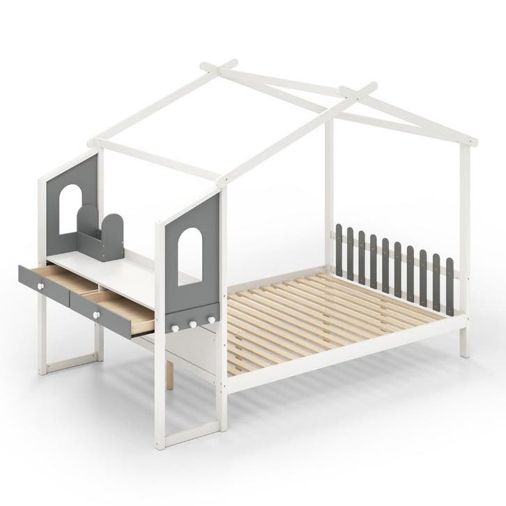 LIVSK Huisvormig Bedframe met Bureau - Hekvormig Hoofdeinde, Huis en Inrichting, Slaapkamer | Complete slaapkamers, Nieuw, Verzenden