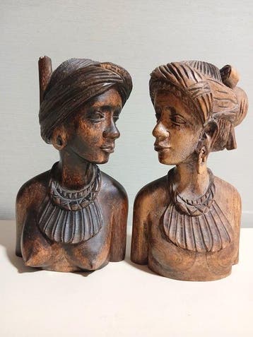 Een paar vintage handgesneden Balinese vrouwelijke bustes -, Antiek en Kunst