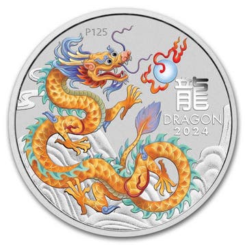 Lunar III - Year of the Dragon 1 oz 2024 Coin Card Golden, Verzenden, Losse munt, Zilver