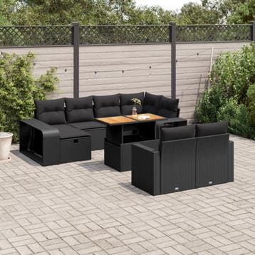 vidaXL 11-delige Loungeset met kussens poly rattan zwart, Tuin en Terras, Verzenden, Nieuw, Loungeset