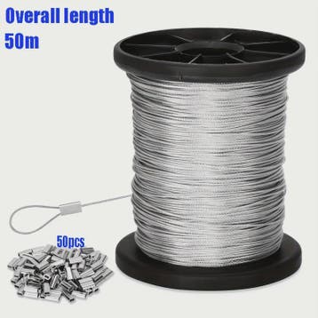 50m Roestvrij Staal Draadkabel met 50 Aluminium Klemmen - 7x, Tuin en Terras, Verzenden, Nieuw