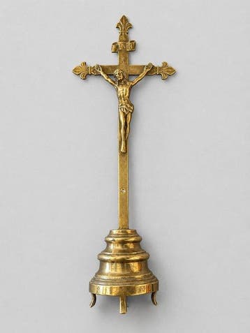 Beeldje - Staand kruis met corpus - 40 cm - Messing, Antiek en Kunst