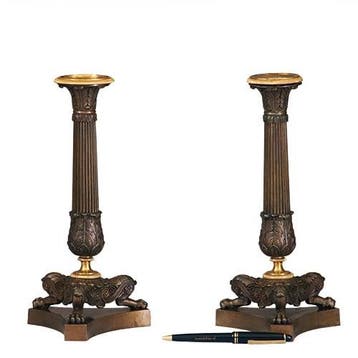 Stel van 2 bronzen deels vergulde kandelaren empire ca 1810, Antiek en Kunst, Ophalen of Verzenden