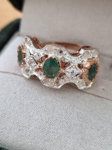 Zonder minimumprijs - Ring - 9 kt. Roségoud, Zilver Smaragd, Nieuw